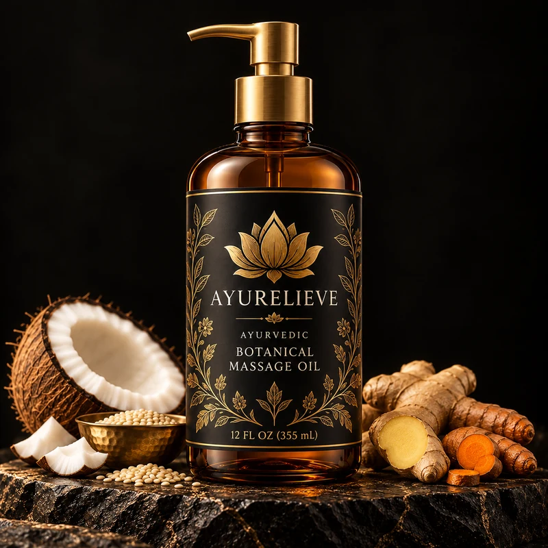 Ayurvedic Botanical Massage Oil — full bottle and original label